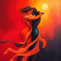 A surreal artistic depiction of the concept of passion and desire, featuring abstract shapes intertwined in vibrant colors