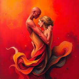 A surreal artistic depiction of the concept of passion and desire, featuring abstract shapes intertwined in vibrant colors