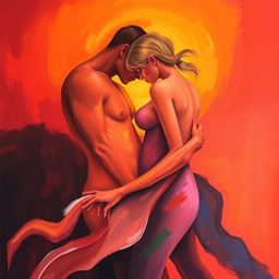 A surreal artistic depiction of the concept of passion and desire, featuring abstract shapes intertwined in vibrant colors