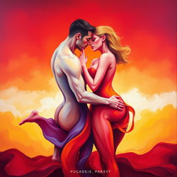 A surreal artistic depiction of the concept of passion and desire, featuring abstract shapes intertwined in vibrant colors