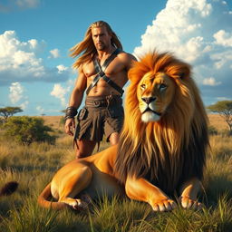 A majestic scene depicting a strong man with a fierce lion