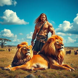 A majestic scene depicting a strong man with a fierce lion