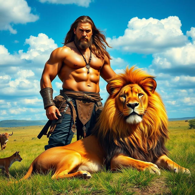 A majestic scene depicting a strong man with a fierce lion