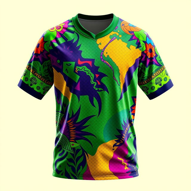 A vibrant and colorful jersey featuring a dynamic mix of green and violent colors, designed with bold patterns and textures that create an eye-catching effect