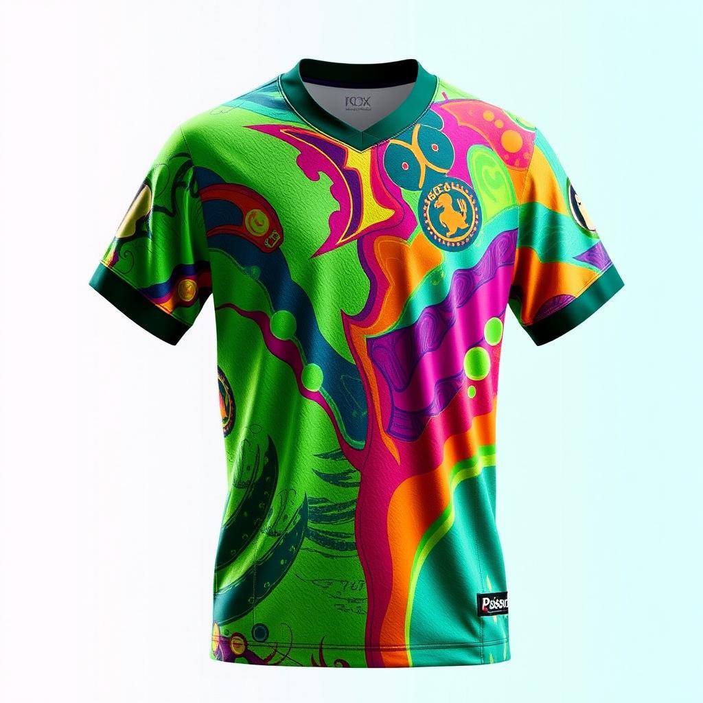 A vibrant and colorful jersey featuring a dynamic mix of green and violent colors, designed with bold patterns and textures that create an eye-catching effect