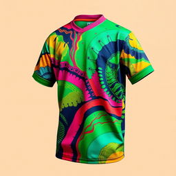 A vibrant and colorful jersey featuring a dynamic mix of green and violent colors, designed with bold patterns and textures that create an eye-catching effect