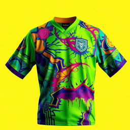 A vibrant and colorful jersey featuring a dynamic mix of green and violent colors, designed with bold patterns and textures that create an eye-catching effect