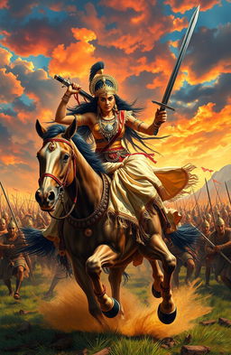 A majestic Indian queen, adorned in elaborate traditional armor and intricate jewelry, fiercely riding her majestic horse into battle