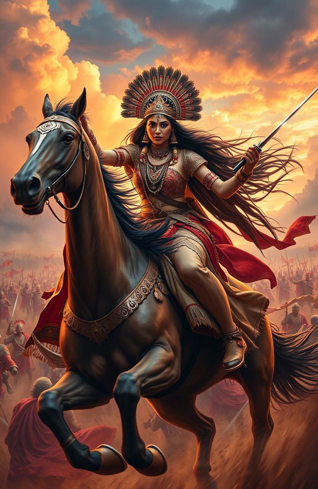 A majestic Indian queen, adorned in elaborate traditional armor and intricate jewelry, fiercely riding her majestic horse into battle