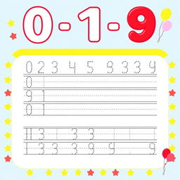 A number tracing worksheet designed for children, featuring large, bold numbers (0-9) at the top with clear directional arrows guiding tracing