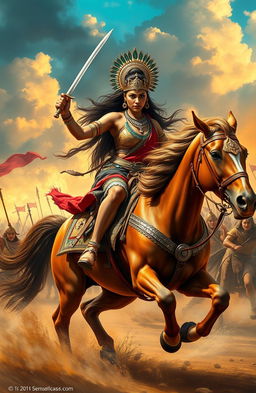 A majestic Indian queen, adorned in elaborate traditional armor and intricate jewelry, fiercely riding her majestic horse into battle
