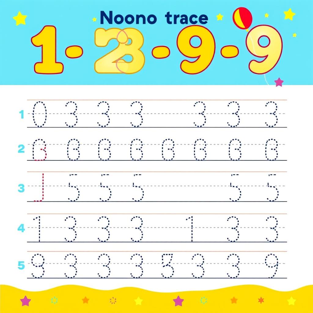 A number tracing worksheet designed for children, featuring large, bold numbers (0-9) at the top with clear directional arrows guiding tracing