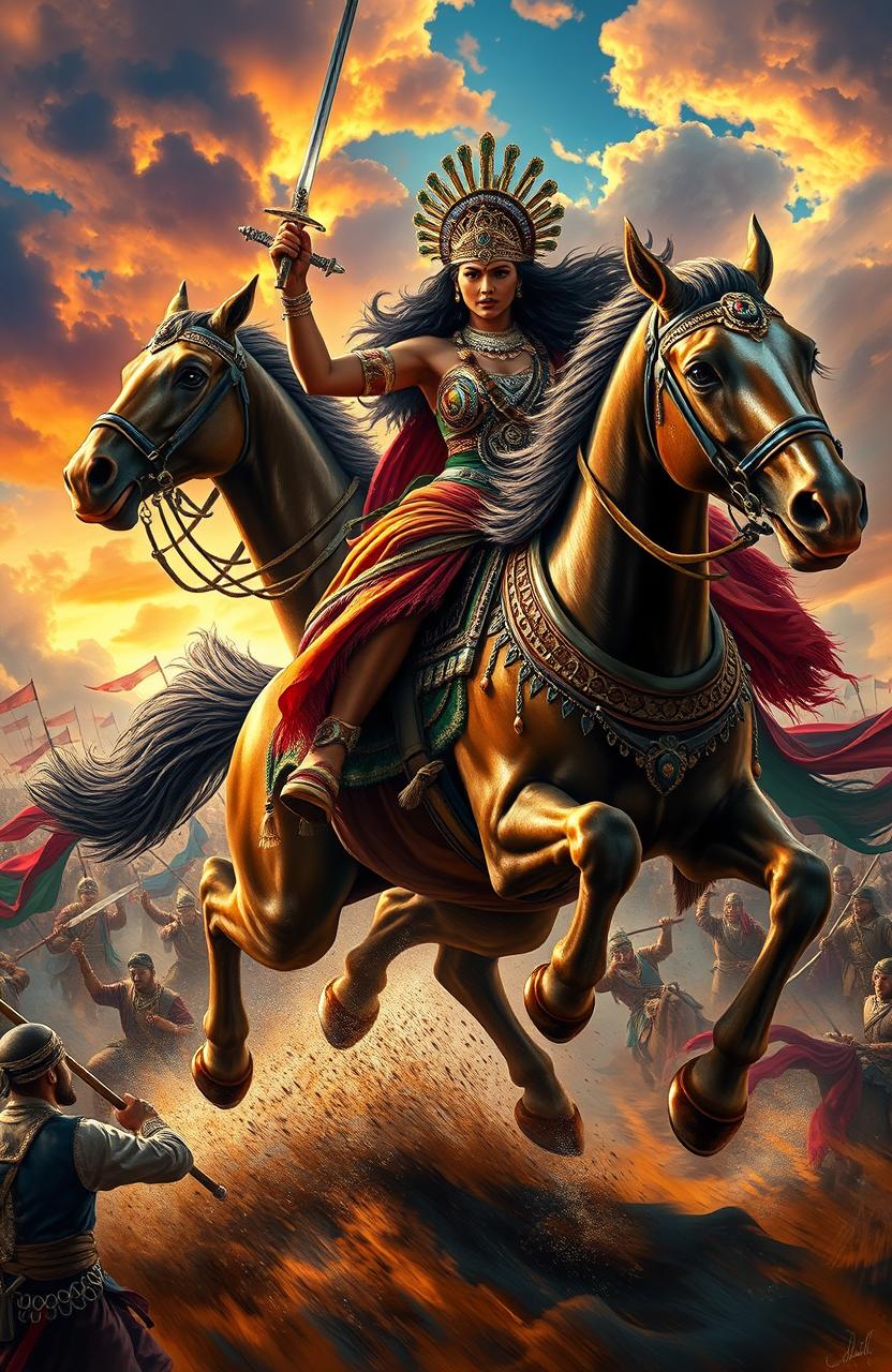 A majestic Indian queen, adorned in elaborate traditional armor and intricate jewelry, fiercely riding her majestic horse into battle