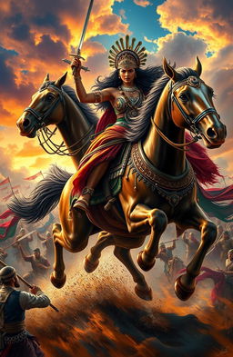 A majestic Indian queen, adorned in elaborate traditional armor and intricate jewelry, fiercely riding her majestic horse into battle