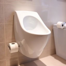 A close-up view of a porcelain women's urinal, designed in a modern and sleek style, jutting out from a wall at crotch height