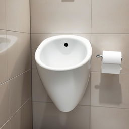 A close-up view of a porcelain women's urinal, designed in a modern and sleek style, jutting out from a wall at crotch height