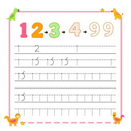 A number tracing worksheet designed for children, featuring large, friendly numbers (0-9) prominently displayed at the top, accompanied by clear directional arrows to guide tracing