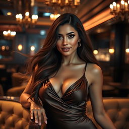 A sensual portrait of a confident woman with long flowing brunette hair, wearing a sophisticated, elegant silk dress that accentuates her curves, set in an upscale lounge with ambient lighting