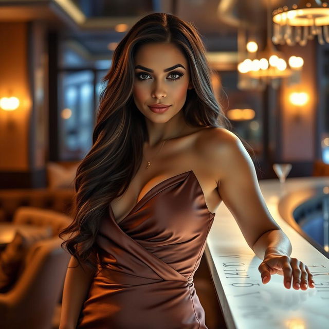 A sensual portrait of a confident woman with long flowing brunette hair, wearing a sophisticated, elegant silk dress that accentuates her curves, set in an upscale lounge with ambient lighting