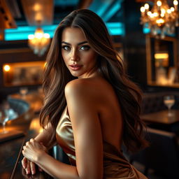 A sensual portrait of a confident woman with long flowing brunette hair, wearing a sophisticated, elegant silk dress that accentuates her curves, set in an upscale lounge with ambient lighting