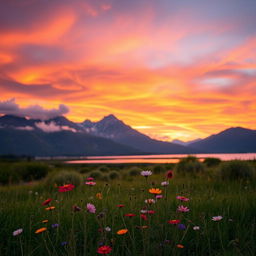 A stunning outdoor scene, featuring a vibrant sunset casting warm hues of orange, pink, and purple across the sky