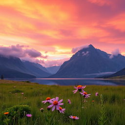 A stunning outdoor scene, featuring a vibrant sunset casting warm hues of orange, pink, and purple across the sky