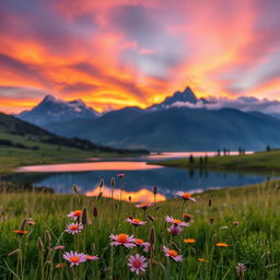 A stunning outdoor scene, featuring a vibrant sunset casting warm hues of orange, pink, and purple across the sky