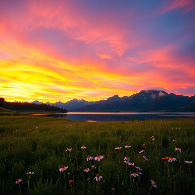 A stunning outdoor scene, featuring a vibrant sunset casting warm hues of orange, pink, and purple across the sky