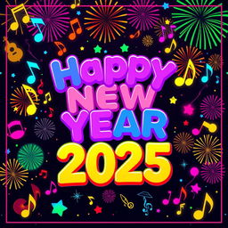 A vibrant and festive Happy New Year 2025 poster, featuring musical elements like notes, instruments, and soundwaves