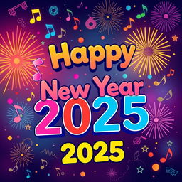 A vibrant and festive Happy New Year 2025 poster, featuring musical elements like notes, instruments, and soundwaves