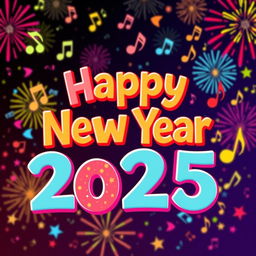 A vibrant and festive Happy New Year 2025 poster, featuring musical elements like notes, instruments, and soundwaves