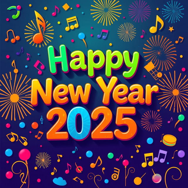 A vibrant and festive Happy New Year 2025 poster, featuring musical elements like notes, instruments, and soundwaves