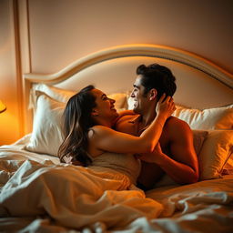 A passionate couple entwined in a loving embrace on a luxurious bed, softly lit by warm ambient lighting