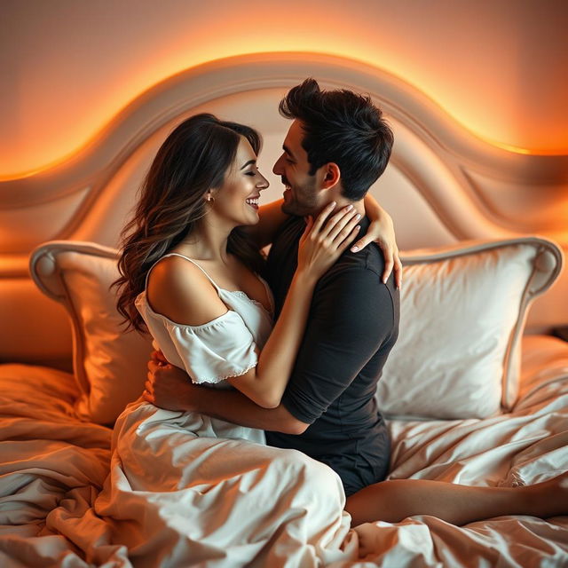 A passionate couple entwined in a loving embrace on a luxurious bed, softly lit by warm ambient lighting