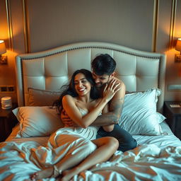 A passionate couple entwined in a loving embrace on a luxurious bed, softly lit by warm ambient lighting