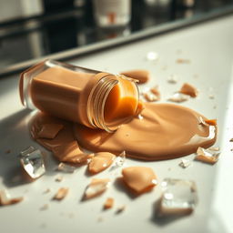 A broken makeup foundation bottle, with shards scattered around