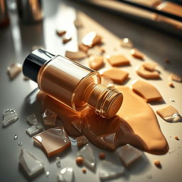 A broken makeup foundation bottle, with shards scattered around