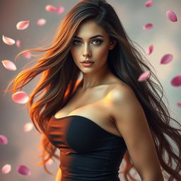 A beautiful and alluring woman with long flowing hair, captivating eyes, and a confident pose