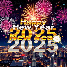 A vibrant and festive New Year 2025 poster, showcasing a colorful explosion of fireworks in a night sky filled with stars