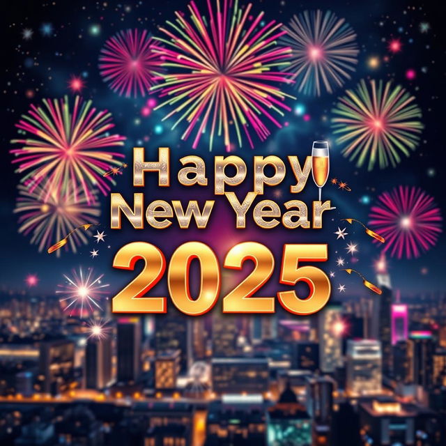 A vibrant and festive New Year 2025 poster, showcasing a colorful explosion of fireworks in a night sky filled with stars