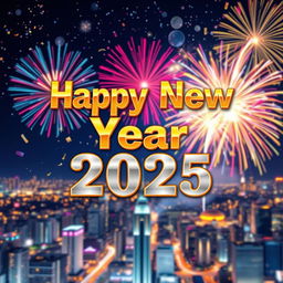 A vibrant and festive New Year 2025 poster, showcasing a colorful explosion of fireworks in a night sky filled with stars