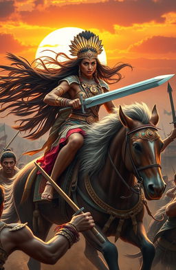 A majestic Indian queen adorned in elaborate traditional armor, with intricate gold and jewel embellishments, fiercely riding a powerful stallion during a battle scene