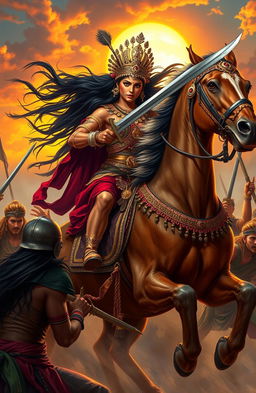 A majestic Indian queen adorned in elaborate traditional armor, with intricate gold and jewel embellishments, fiercely riding a powerful stallion during a battle scene