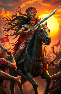 A majestic Indian queen adorned in elaborate traditional armor, with intricate gold and jewel embellishments, fiercely riding a powerful stallion during a battle scene