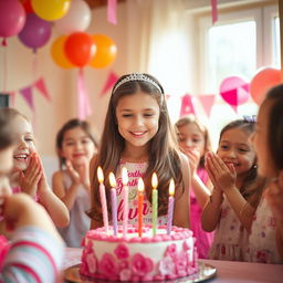 A joyful birthday scene featuring a beautifully decorated birthday party for an eleven-year-old girl