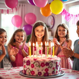 A joyful birthday scene featuring a beautifully decorated birthday party for an eleven-year-old girl
