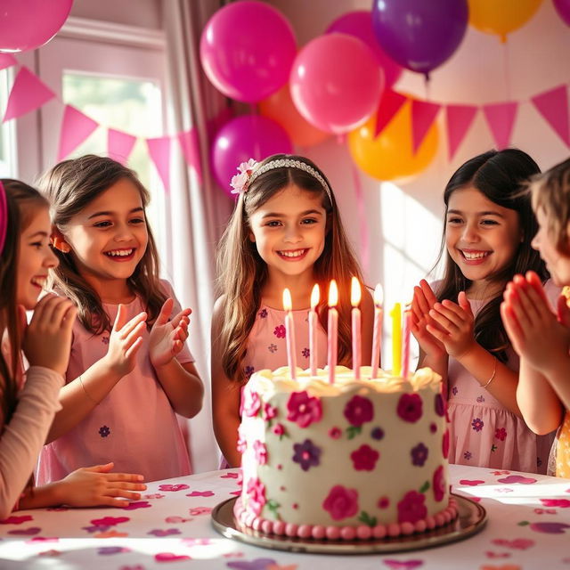 A joyful birthday scene featuring a beautifully decorated birthday party for an eleven-year-old girl