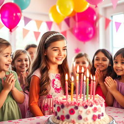 A joyful birthday scene featuring a beautifully decorated birthday party for an eleven-year-old girl