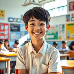 A teenage boy with black hair and a round cheerful face, wearing a crisp school uniform, sitting in a classroom filled with educational posters and desks