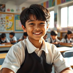 A teenage boy with black hair and a round cheerful face, wearing a crisp school uniform, sitting in a classroom filled with educational posters and desks